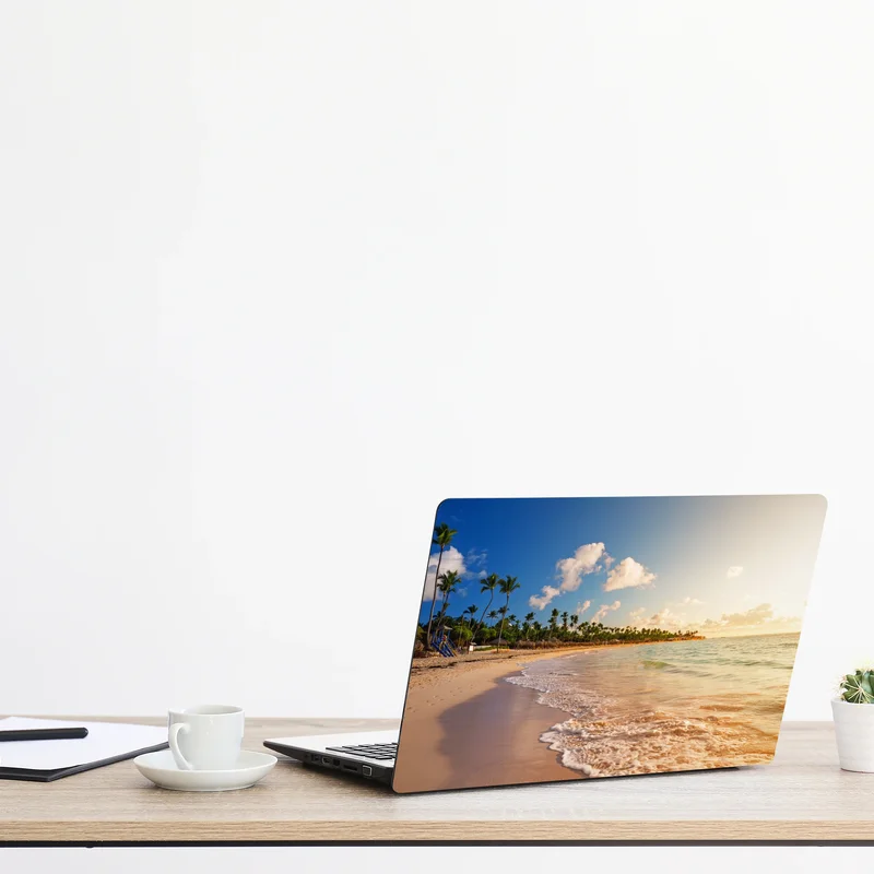 Laptop-Aufkleber tropischer sonnenuntergang am strand mit palmensilhouetten