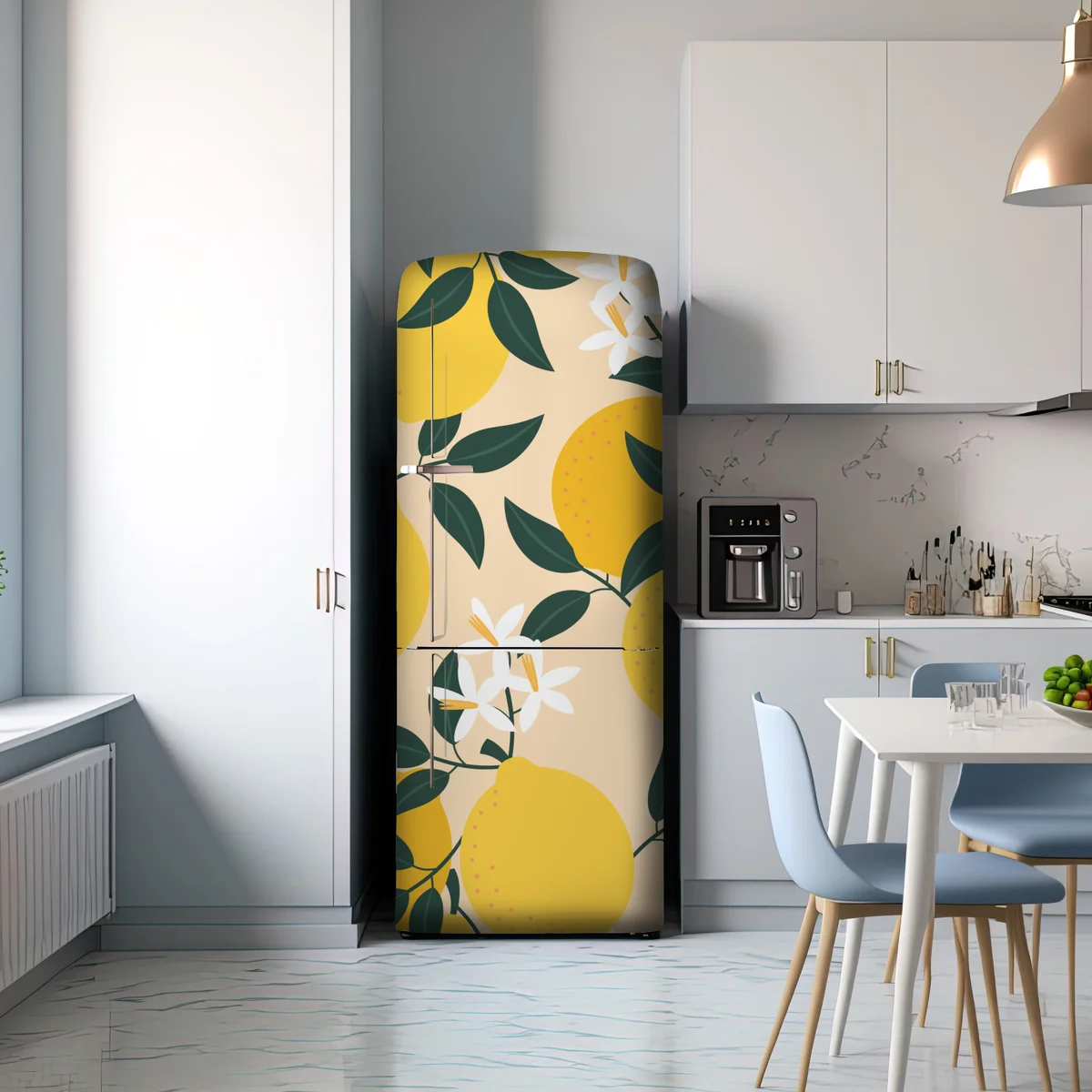 Kühlschrankaufkleber leuchtendes zitronenmuster mit blüten Kühlschrankaufkleber leuchtendes zitronenmuster mit blüten