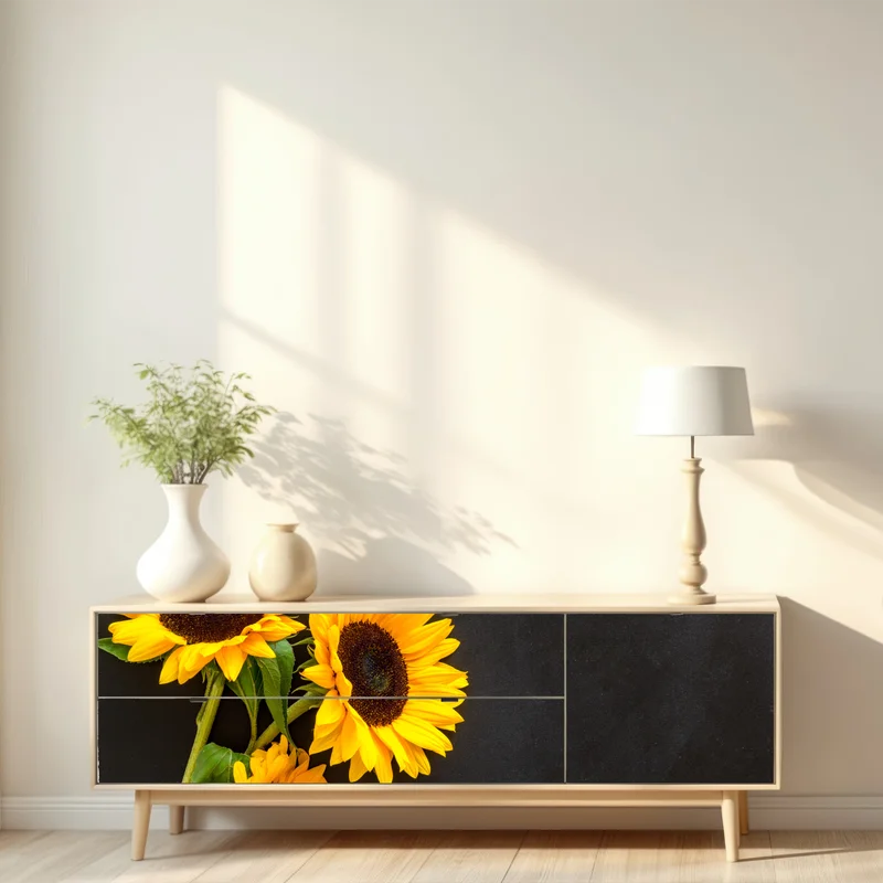 Repositionierbarer Aufkleber sonnenblumenstrauß auf schwarzem hintergrund