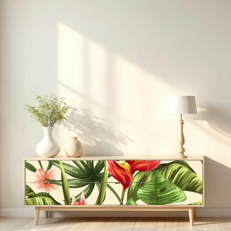 Repositionierbarer Aufkleber tropisches blumenmuster mit hibiskus und plumeria