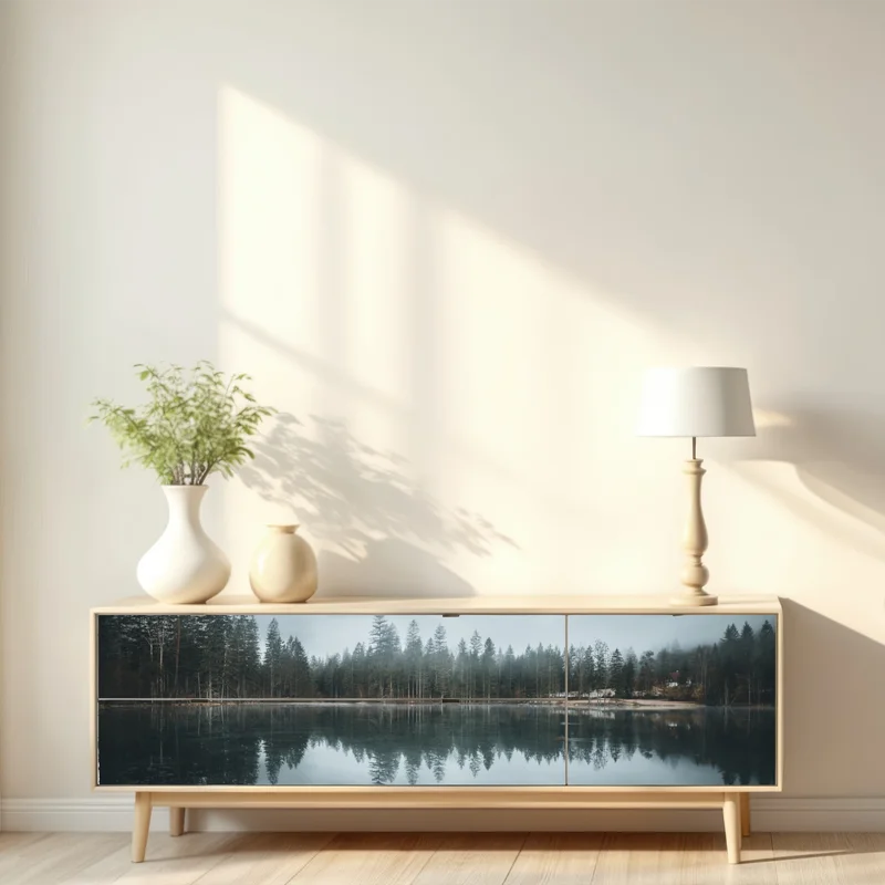 Repositionierbarer Aufkleber neblige alpine spiegelung am ruhigen see Repositionierbarer Aufkleber neblige alpine spiegelung am ruhigen see