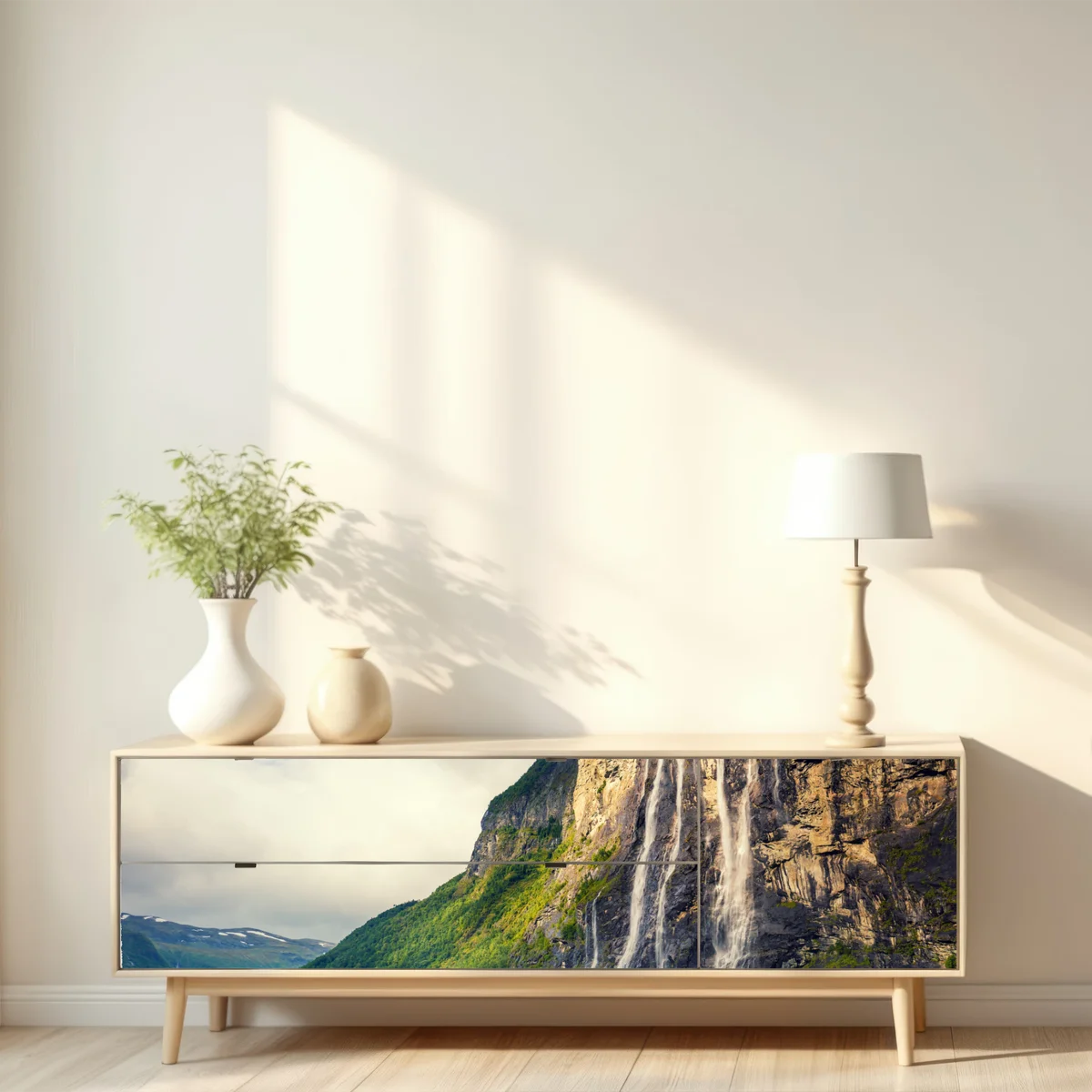 Repositionierbarer Aufkleber wasserfälle an fjordklippen Repositionierbarer Aufkleber wasserfälle an fjordklippen