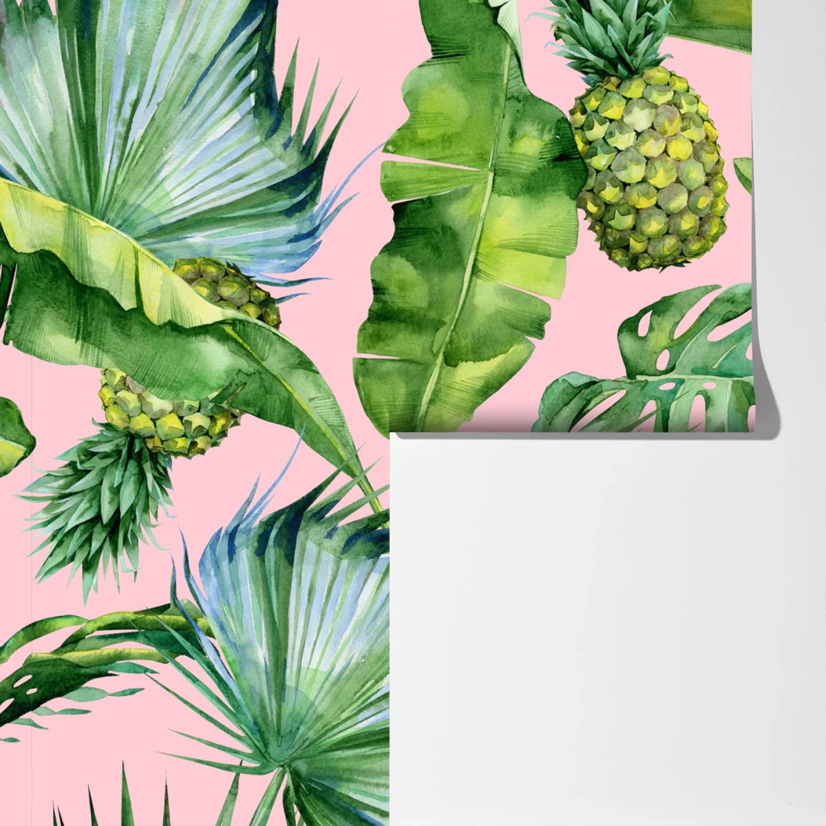Fototapete tropisches ananas- und blattmuster in aquarell auf rosa hintergrund Fototapete tropisches ananas- und blattmuster in aquarell auf rosa hintergrund