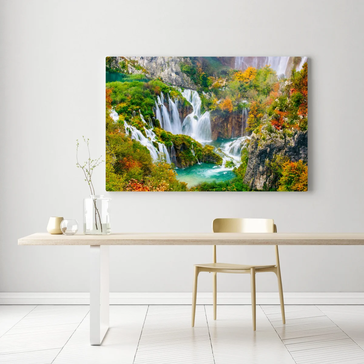 Leinwandbild türkisfarbener wasserfall im herbst Leinwandbild türkisfarbener wasserfall im herbst