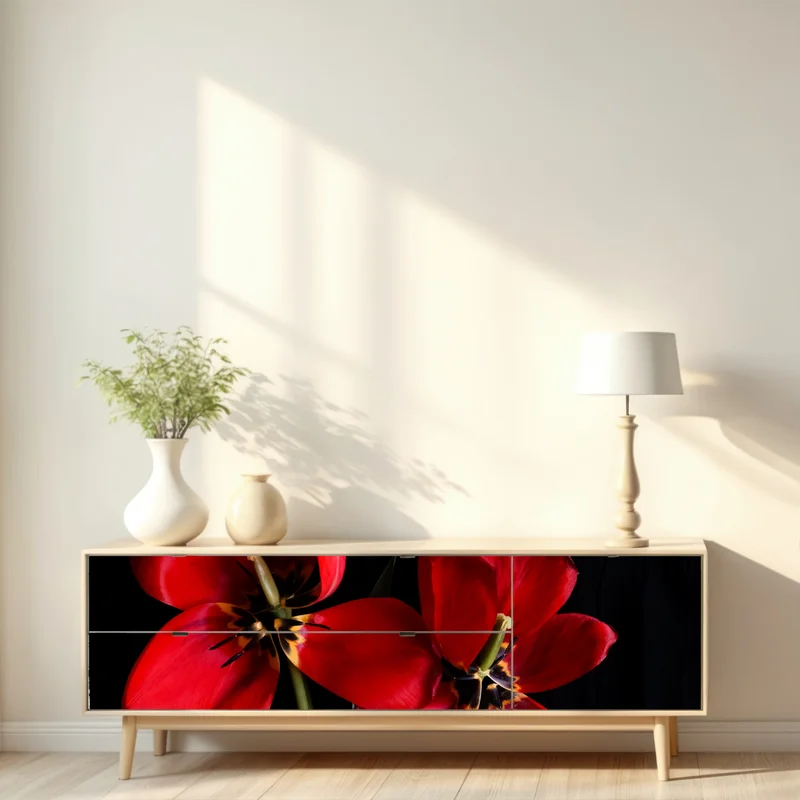 Repositionierbarer Aufkleber drei rote tulpen vor schwarzem hintergrund