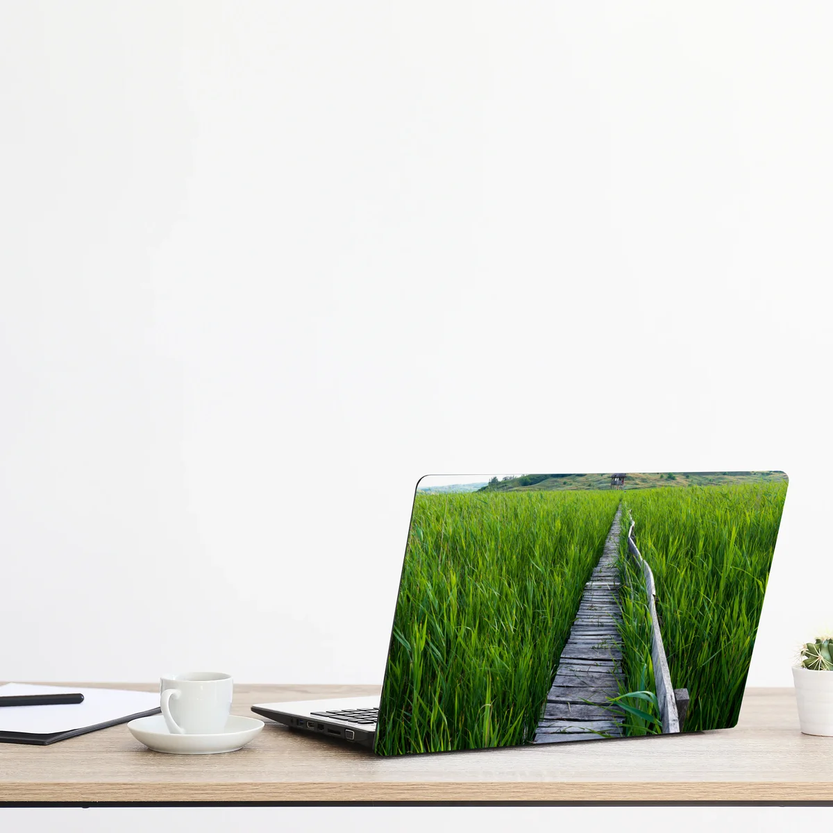 Laptop-Aufkleber ruhiger grüner steg durch schilfland zur rustikalen hütte Laptop-Aufkleber ruhiger grüner steg durch schilfland zur rustikalen hütte