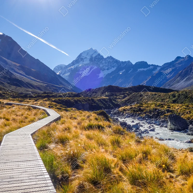 Fototapete holzsteg im Hooker Valley mit blick auf Aoraki Mount Cook Fototapete holzsteg im Hooker Valley mit blick auf Aoraki Mount Cook