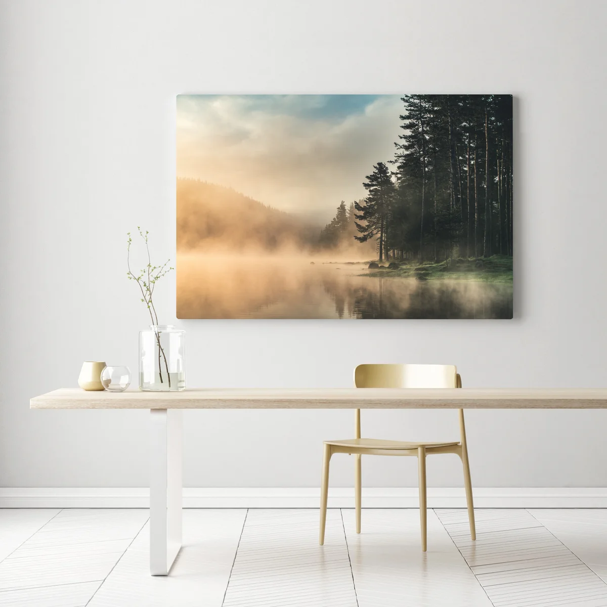 Leinwandbild nebliger sonnenaufgang über waldsee Leinwandbild nebliger sonnenaufgang über waldsee