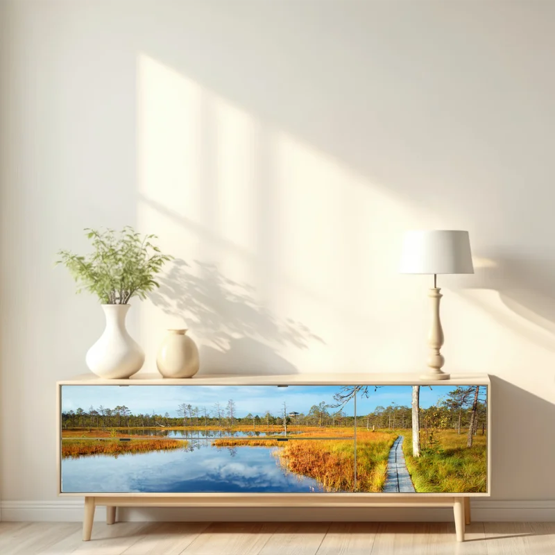 Repositionierbarer Aufkleber herbststeg über ruhigem moor