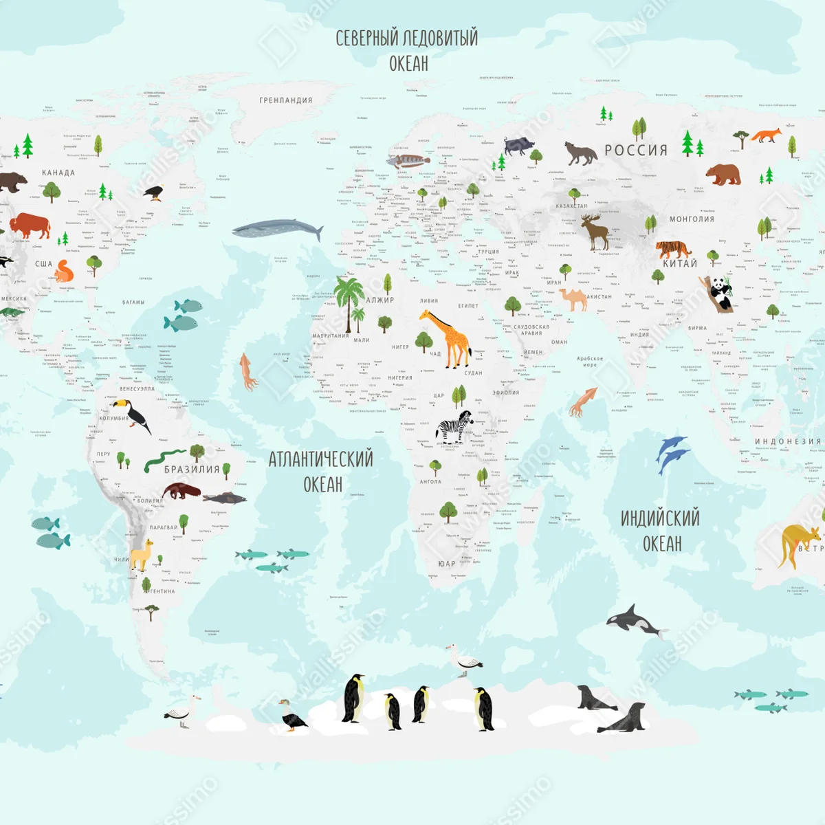 Poster pastell weltkarte mit tieren für kinder • Poster bei Wallnifity® Poster pastell weltkarte mit tieren für kinder • Poster bei Wallnifity®
