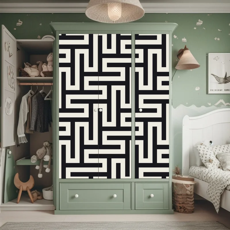 Schrankaufkleber geometrisches labyrinthmuster in beige und schwarz