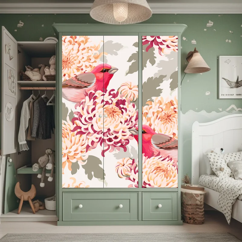 Schrankaufkleber rosa vögel und chryzanthemenmuster Schrankaufkleber rosa vögel und chryzanthemenmuster