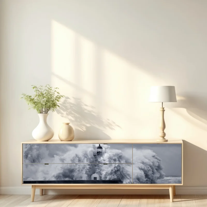 Repositionierbarer Aufkleber leuchtturm von mächtigen wellen umgeben