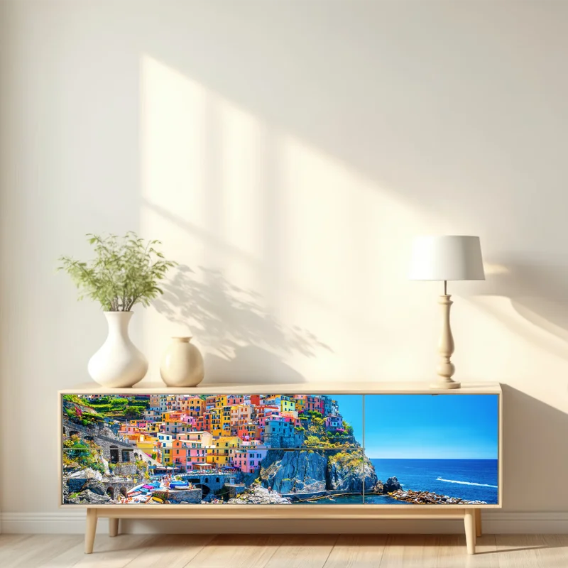 Repositionierbarer Aufkleber farbenfrohes dorf am klippenmeer