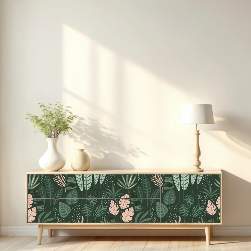 Repositionierbarer Aufkleber tropisches blättermuster in sanften grüntönen und rosa • Repositionierbare Aufkleber bei Wallnifity® Repositionierbarer Aufkleber tropisches blättermuster in sanften grüntönen und rosa • Repositionierbare Aufkleber bei Wallnifity®