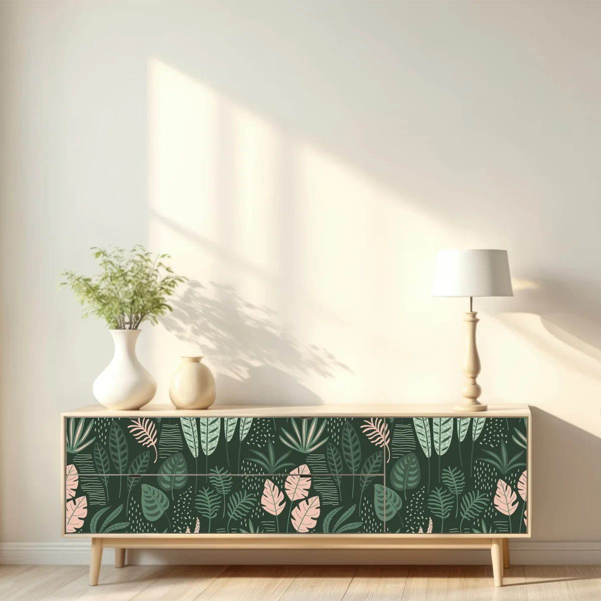 Repositionierbarer Aufkleber tropisches blättermuster in sanften grüntönen und rosa • Repositionierbare Aufkleber bei Wallnifity® Repositionierbarer Aufkleber tropisches blättermuster in sanften grüntönen und rosa • Repositionierbare Aufkleber bei Wallnifity®