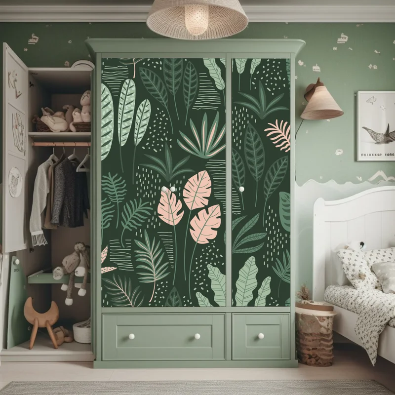 Schrankaufkleber tropisches blättermuster in sanften grüntönen und rosa