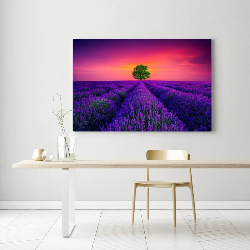Leinwandbild lavendelfeld bei sonnenuntergang mit einsamem baum Leinwandbild lavendelfeld bei sonnenuntergang mit einsamem baum
