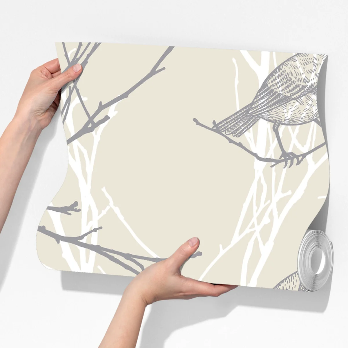 Fototapete zartes beiges muster mit vögeln und ästen Fototapete zartes beiges muster mit vögeln und ästen