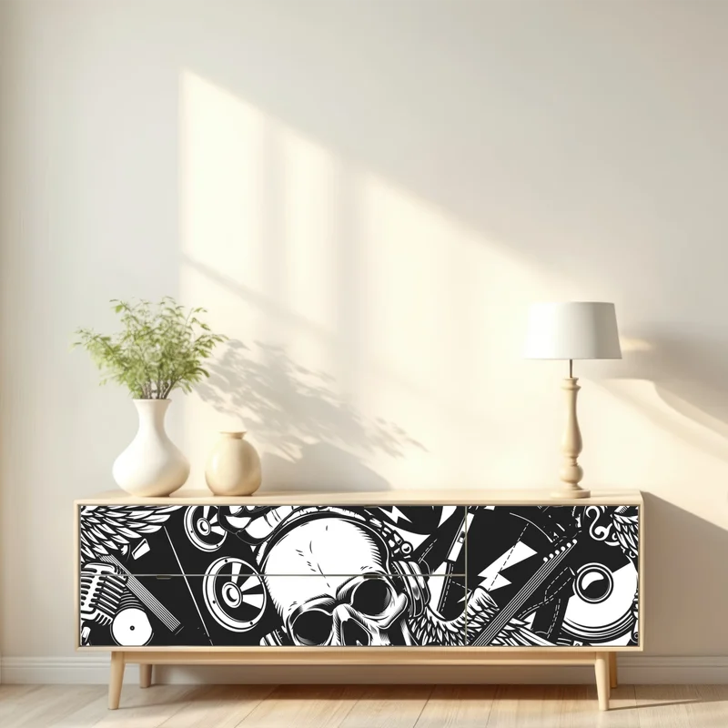 Repositionierbarer Aufkleber rock-collage mit schädel und gitarre