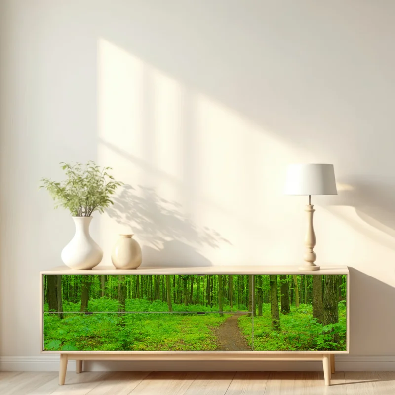 Repositionierbarer Aufkleber beruhigender grüner waldweg Repositionierbarer Aufkleber beruhigender grüner waldweg