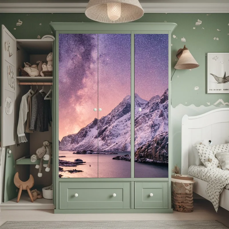 Schrankaufkleber milchstraße über verschneiten bergen in Norwegen