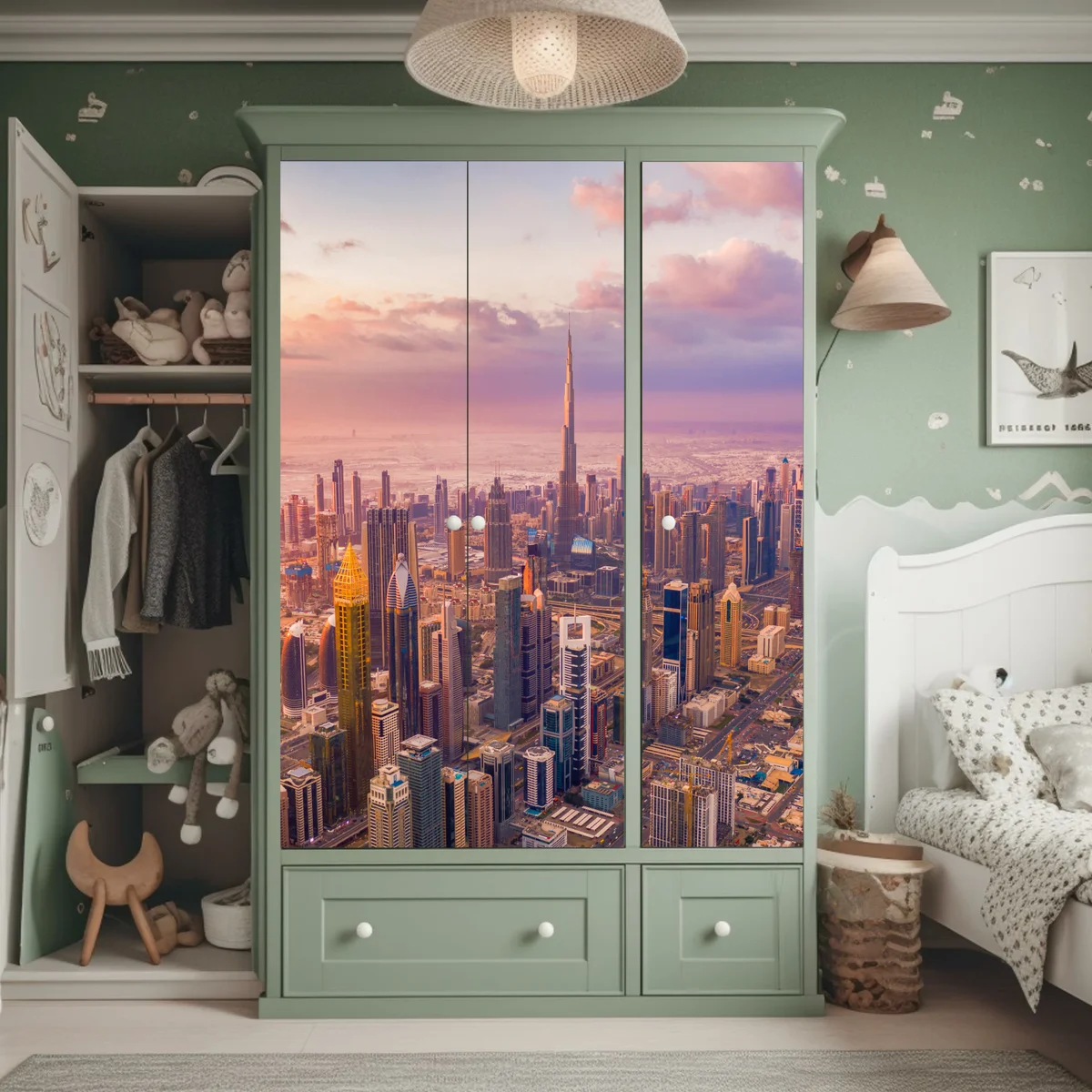 Schrankaufkleber sonnenuntergang über der skyline von Dubai mit Burj Khalifa Schrankaufkleber sonnenuntergang über der skyline von Dubai mit Burj Khalifa