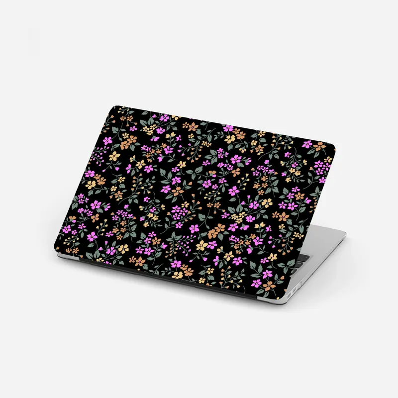 Laptop-Aufkleber zartes vintage blumenmuster auf schwarzem grund