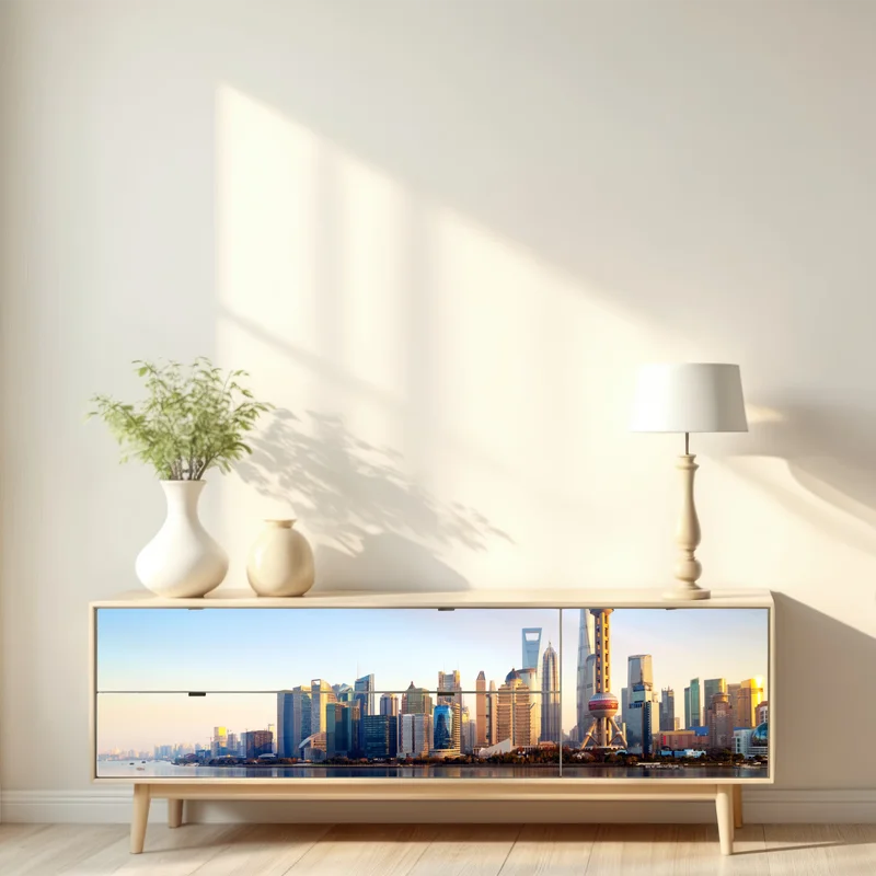 Repositionierbarer Aufkleber Shanghai skyline spiegelung bei sonnenaufgang