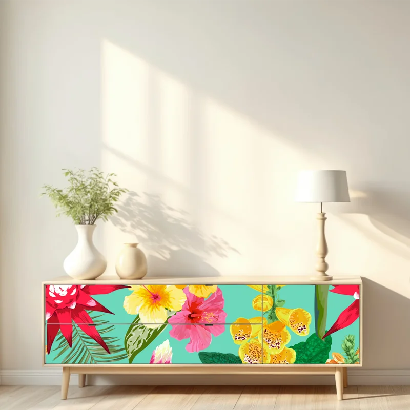 Repositionierbarer Aufkleber tropisches aquarell-blumenmuster mit hibiskus, tigerlilie und paradiesvogelblume