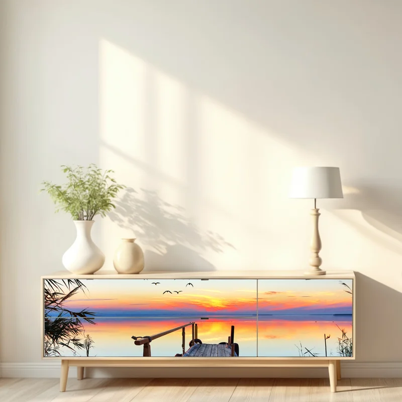 Repositionierbarer Aufkleber steg bei sonnenuntergang über ruhigem see