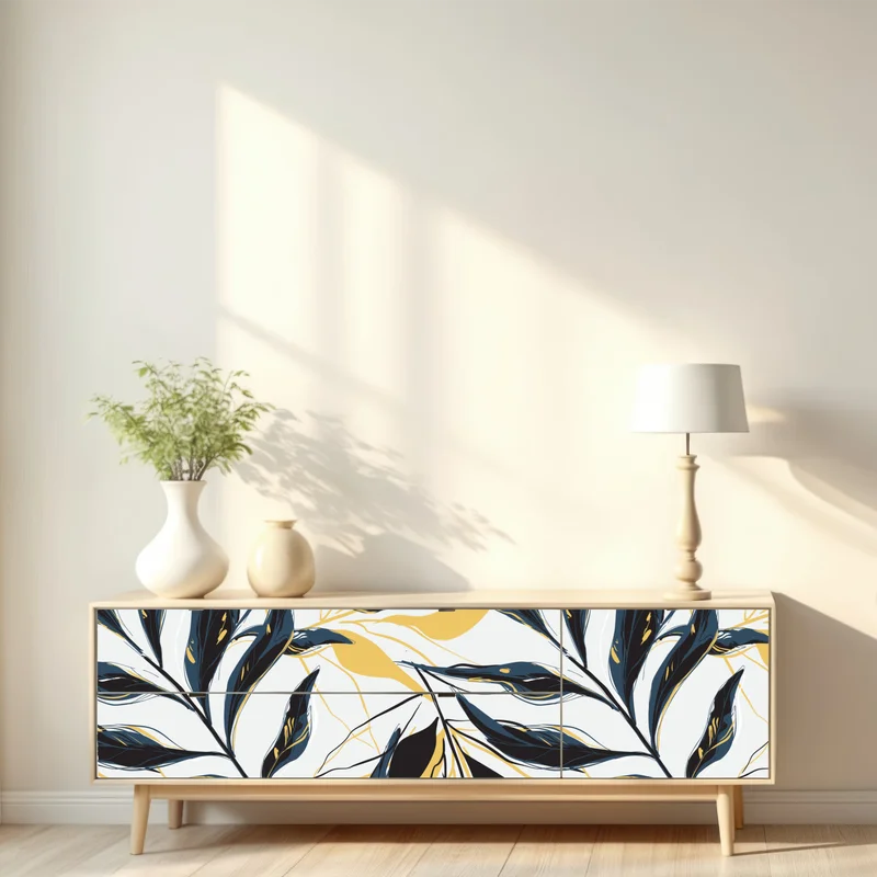 Repositionierbarer Aufkleber marineblaue und goldene botanische blattkomposition