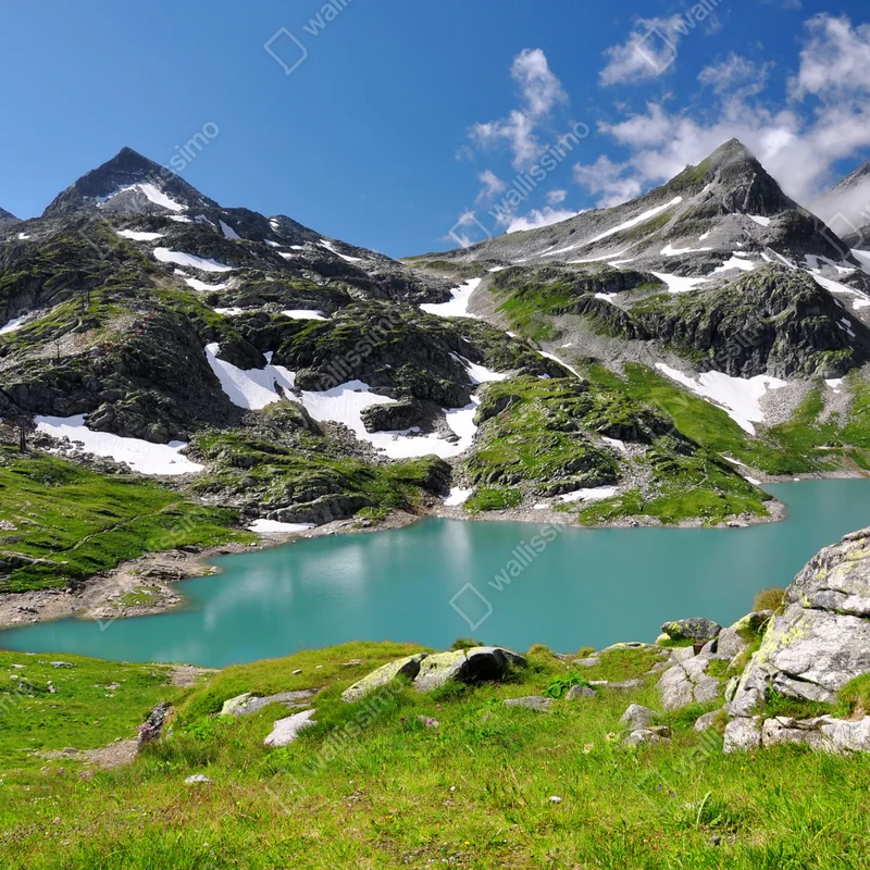 Repositionierbarer Aufkleber bergsee mit türkiswasser und gebirgspanorama Repositionierbarer Aufkleber bergsee mit türkiswasser und gebirgspanorama