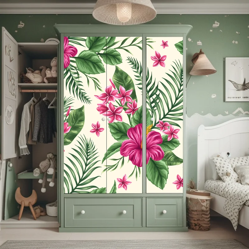 Schrankaufkleber tropisches muster mit rosa hibiskus Schrankaufkleber tropisches muster mit rosa hibiskus