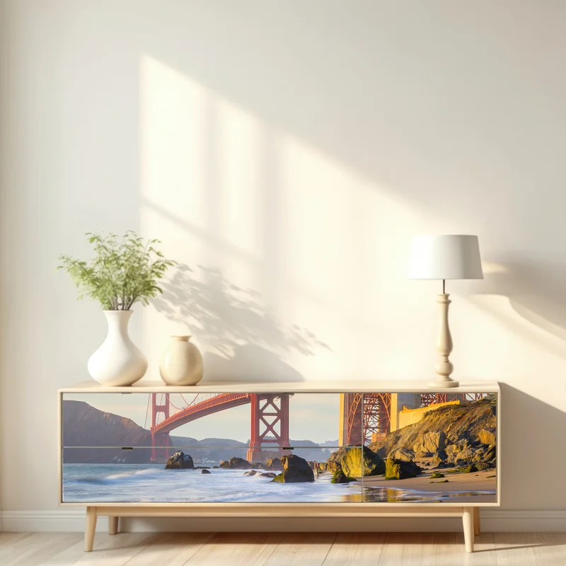 Repositionierbarer Aufkleber Golden Gate Bridge reflektiert am strand • Repositionierbare Aufkleber bei Wallnifity® Repositionierbarer Aufkleber Golden Gate Bridge reflektiert am strand • Repositionierbare Aufkleber bei Wallnifity®