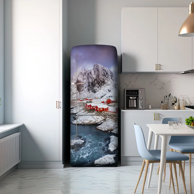 Kühlschrankaufkleber rote küstenhäuser vor schneebedecktem berg Kühlschrankaufkleber rote küstenhäuser vor schneebedecktem berg