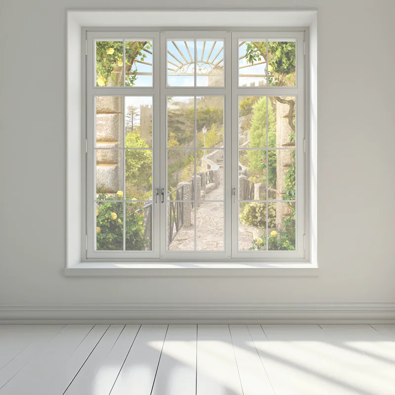 Fensteraufkleber sonniger gartenweg zum schloss