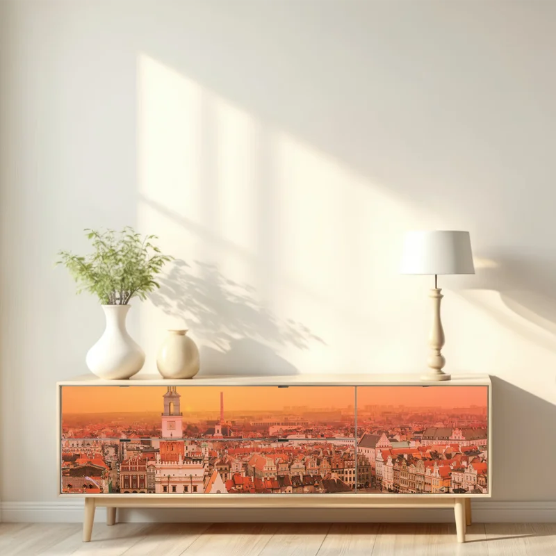 Repositionierbarer Aufkleber warmer sonnenuntergang über historischen stadtdächern