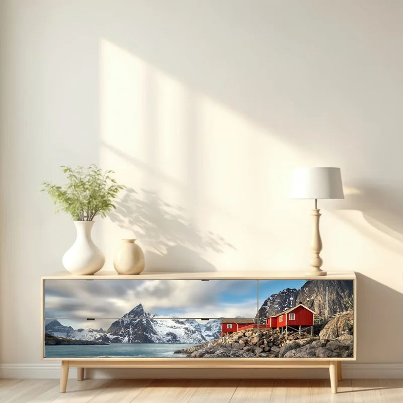 Repositionierbarer Aufkleber rote hütten an verschneiten küstenbergen