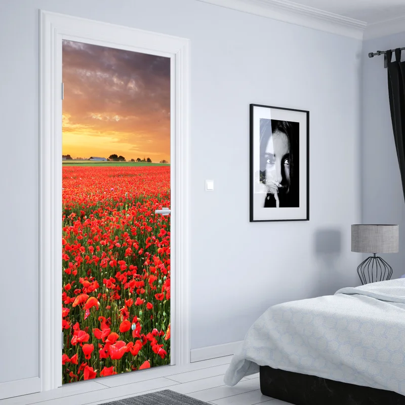 Türaufkleber mohnfeld im sonnenuntergang