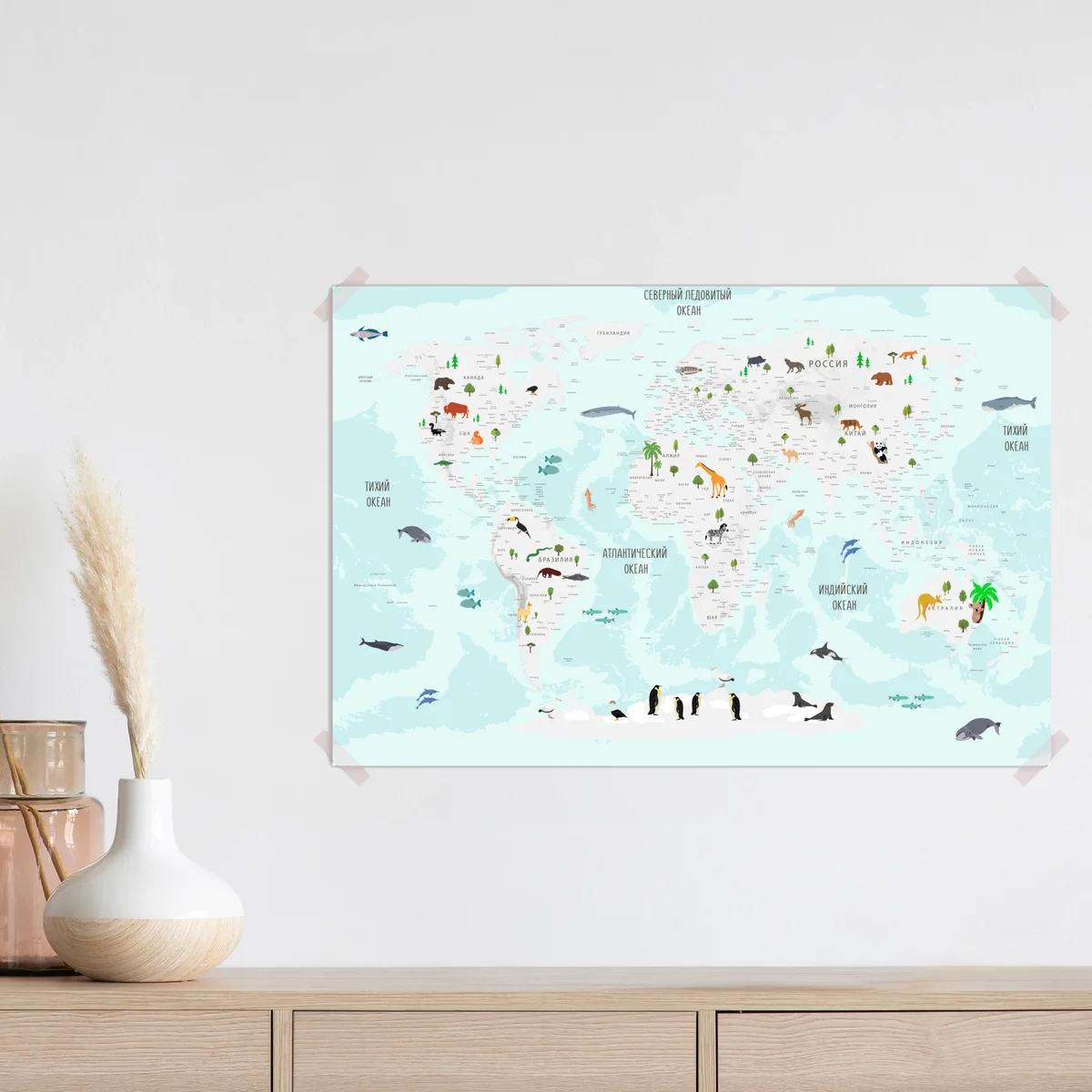 Poster pastell weltkarte mit tieren für kinder • Poster bei Wallnifity® Poster pastell weltkarte mit tieren für kinder • Poster bei Wallnifity®