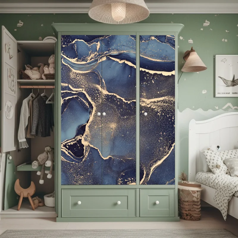 Schrankaufkleber traumhafte abstrakte fließmalerei in blau und gold