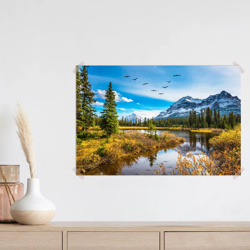 Poster herbstlicher bergsee mit vögeln Poster herbstlicher bergsee mit vögeln