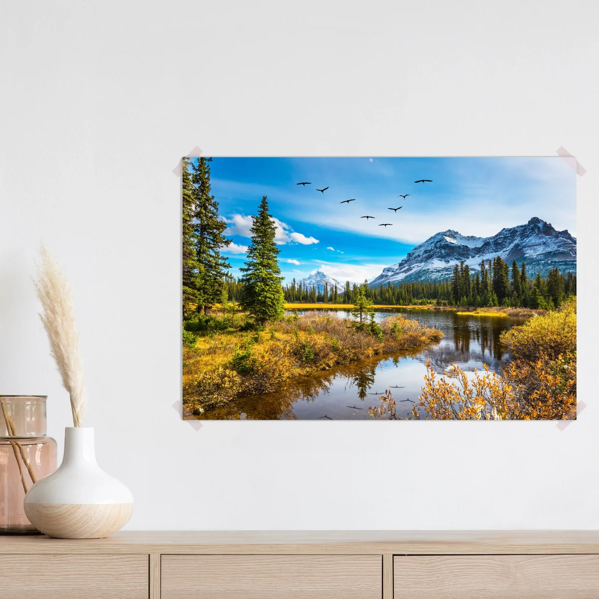 Poster herbstlicher bergsee mit vögeln Poster herbstlicher bergsee mit vögeln