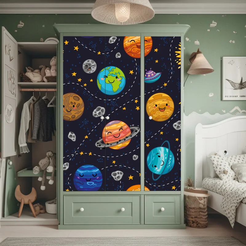 Schrankaufkleber lächelnde planeten im verspielten weltraummuster Schrankaufkleber lächelnde planeten im verspielten weltraummuster