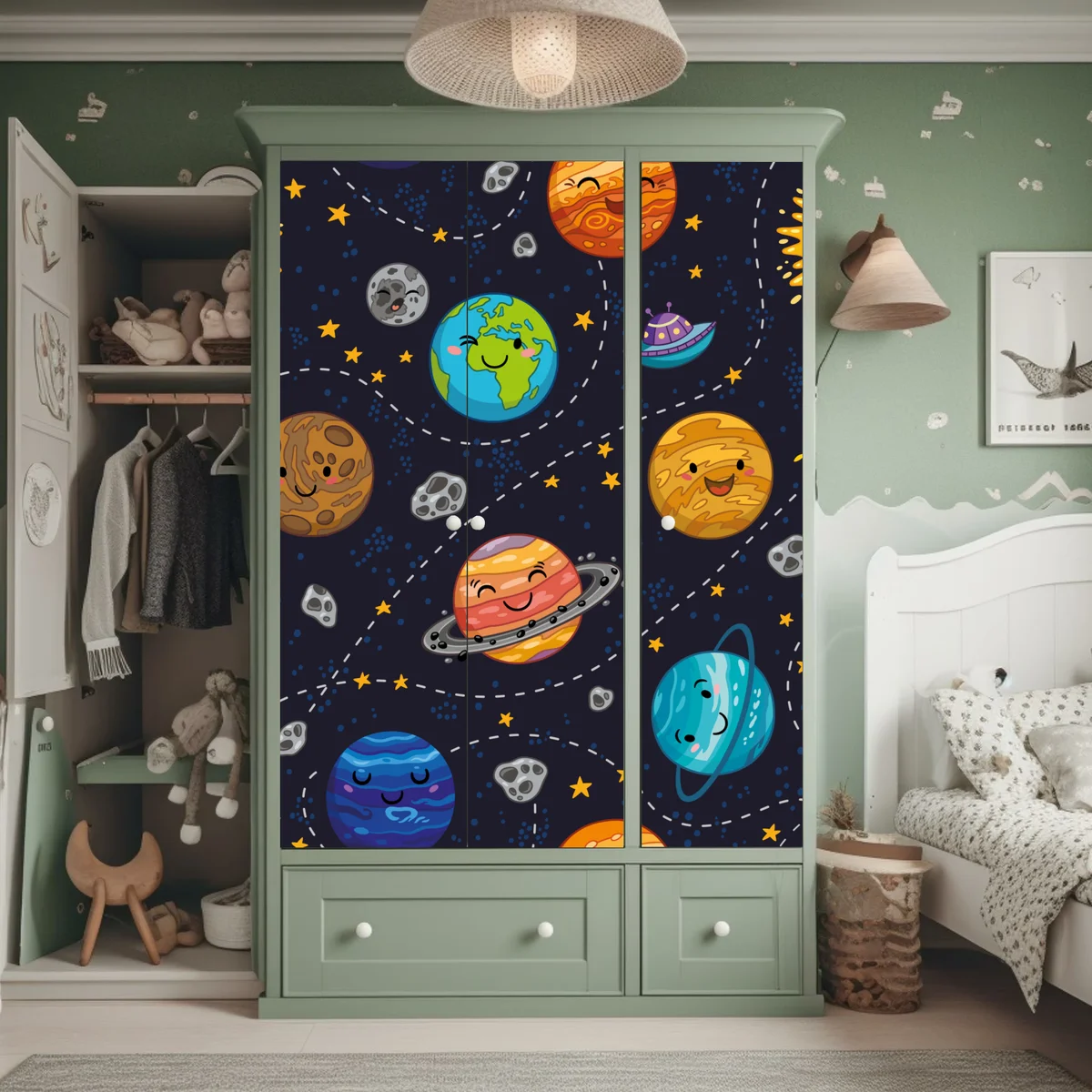 Schrankaufkleber lächelnde planeten im verspielten weltraummuster Schrankaufkleber lächelnde planeten im verspielten weltraummuster