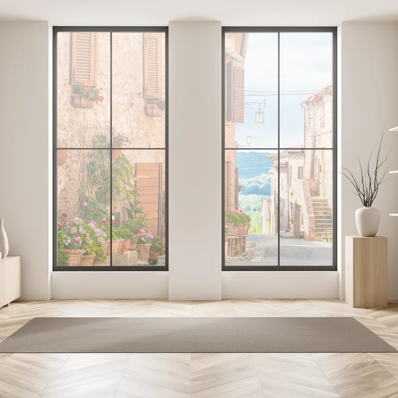 Fensteraufkleber mittelalterliche straße in der Toskana mit blumentöpfen Fensteraufkleber mittelalterliche straße in der Toskana mit blumentöpfen