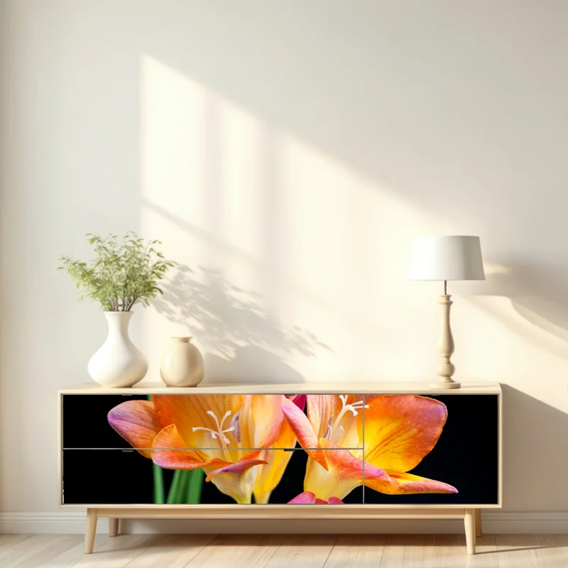 Repositionierbarer Aufkleber leuchtende orange freesien vor schwarzem hintergrund