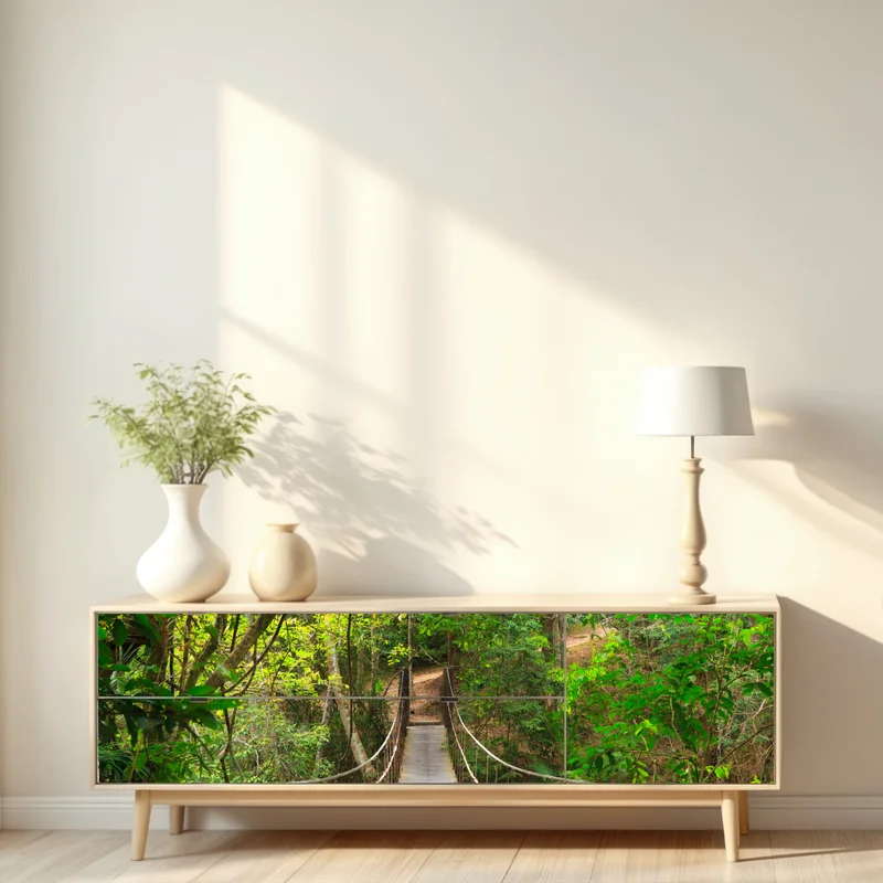 Repositionierbarer Aufkleber hängende holzbrücke im grünen wald