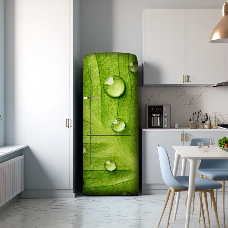 Kühlschrankaufkleber frisches grünes blatt mit wassertropfen